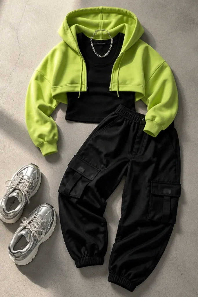An outfit flat lay: black cargo pants with visible side pockets and a relaxed taper, a neon green cropped hoodie layered over a black tank, and reflective silver sneakers. A small chain necklace peeks at the neckline.