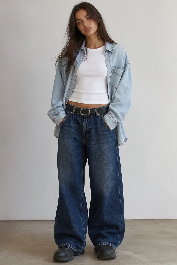 A full-body outfit: a light wash denim overshirt worn unbuttoned, dark baggy jeans with a wide leg, and a white fitted tee underneath. The belt is a simple black buckle belt; shoes are dark chunky sneakers.