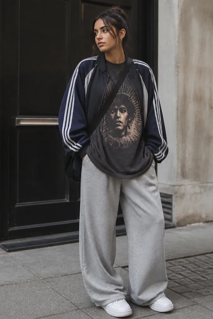 A street-style photo: a bold graphic tee (colors muted, big print) under an oversized track jacket with contrasting stripes, paired with wide-leg gray sweatpants. White sneakers and a black crossbody strap appear in frame.