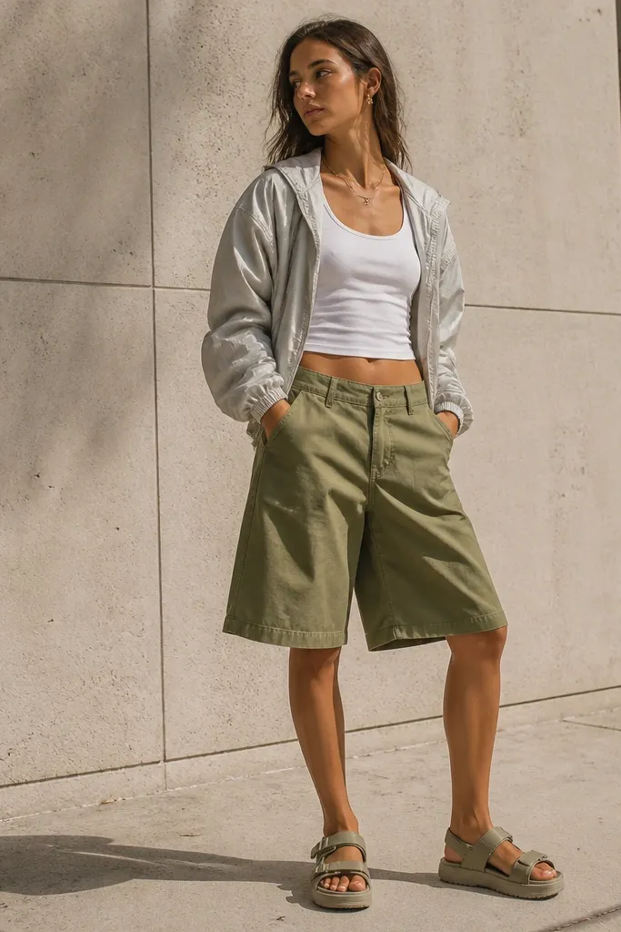 A summer outfit shot: mid-rise baggy shorts in olive green, a cropped windbreaker in silver or light gray, and a fitted white tank. A pair of chunky sandals or sporty slides sit on a sunlit sidewalk.