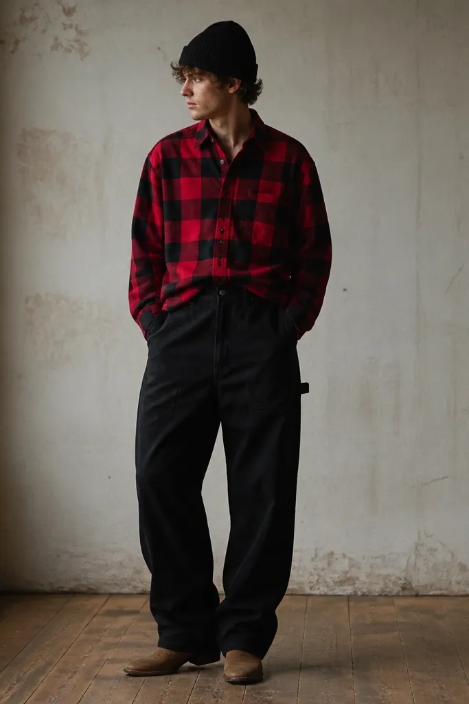 A moody outfit photo: a red-and-black checkered flannel worn oversized, paired with baggy black work pants with a straight-to-wide leg. Tan suede boots and a dark beanie are visible, with the flannel front tucked slightly.