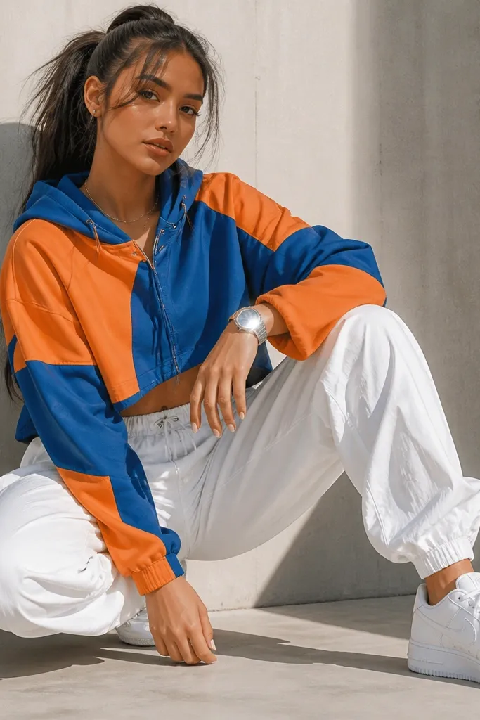 A bright, clean outfit: white nylon wind pants with a slight sheen, a color-block cropped hoodie (blue and orange panels), and white sneakers. A small silver chain and a glossy watch face catch the light.