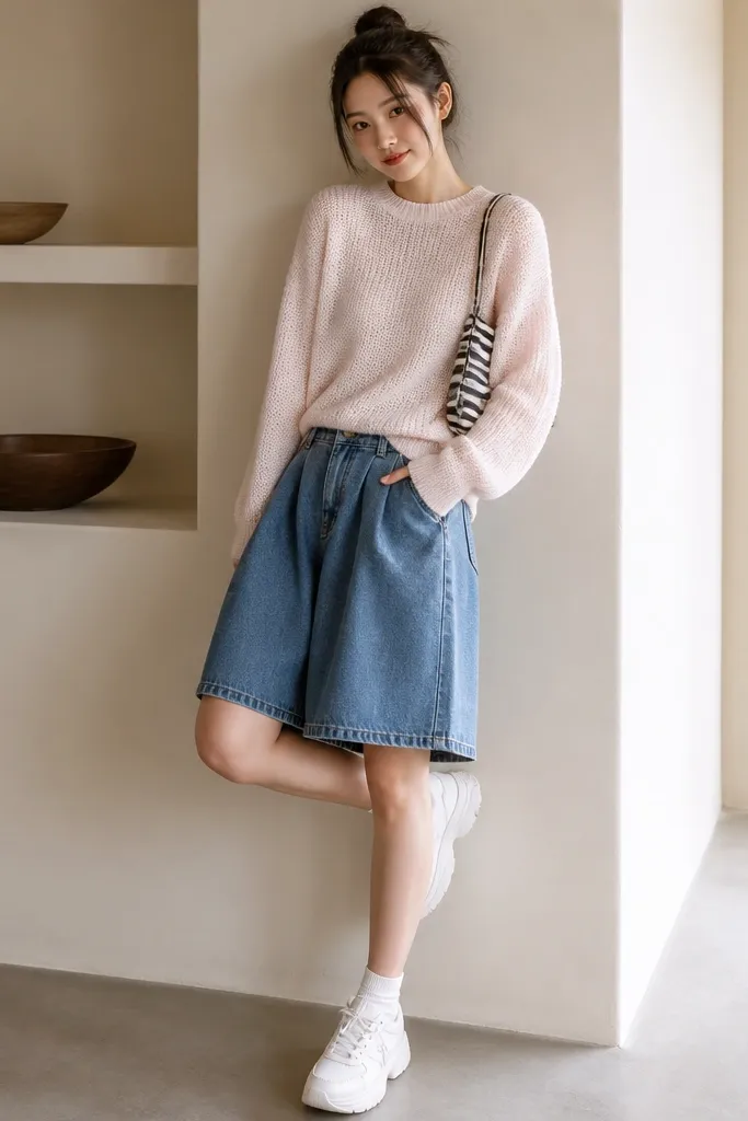 A playful outfit: pastel knit sweater in cream or light pink, paired with baggy denim skirt-style shorts (longer hem, wide leg opening). White chunky sneakers and a striped mini shoulder bag are shown.