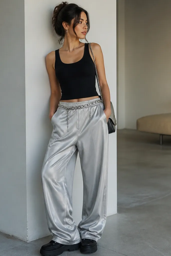 A party-ready outfit: silver satin baggy pants with a smooth sheen, a black fitted tank, and a chain belt worn at the waist. Black platform sneakers and a small clutch-like crossbody bag are visible.