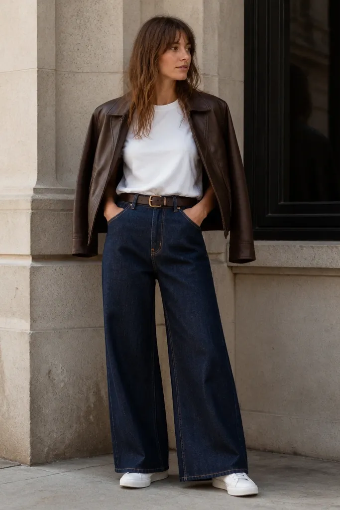 Wide-leg indigo denim is paired with a white tucked tee. A brown leather jacket sits over the shoulders, and the outfit is styled with a belt and clean white sneakers.