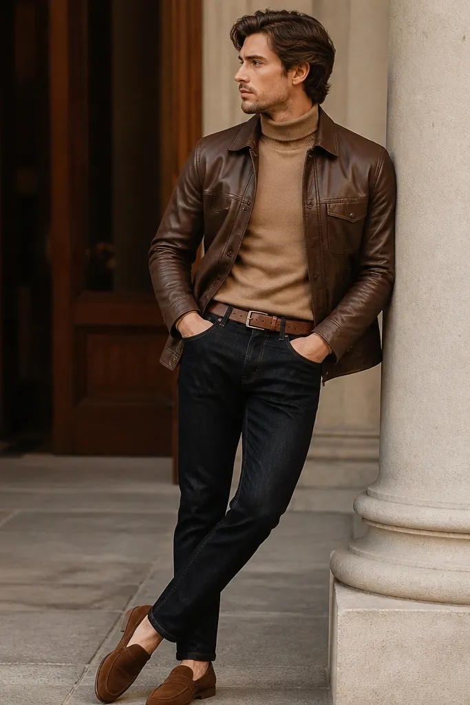 Camel turtleneck sweater under a brown leather jacket, paired with dark wash jeans. The look includes a medium-brown leather belt and suede loafers.