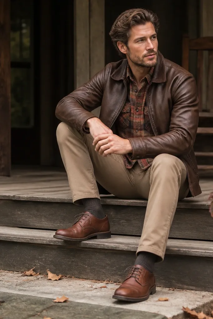 Plaid flannel in warm reds and browns is layered under a brown leather jacket. Straight chinos in tan sit with the flannel slightly untucked, finished with brown leather lace-up shoes.