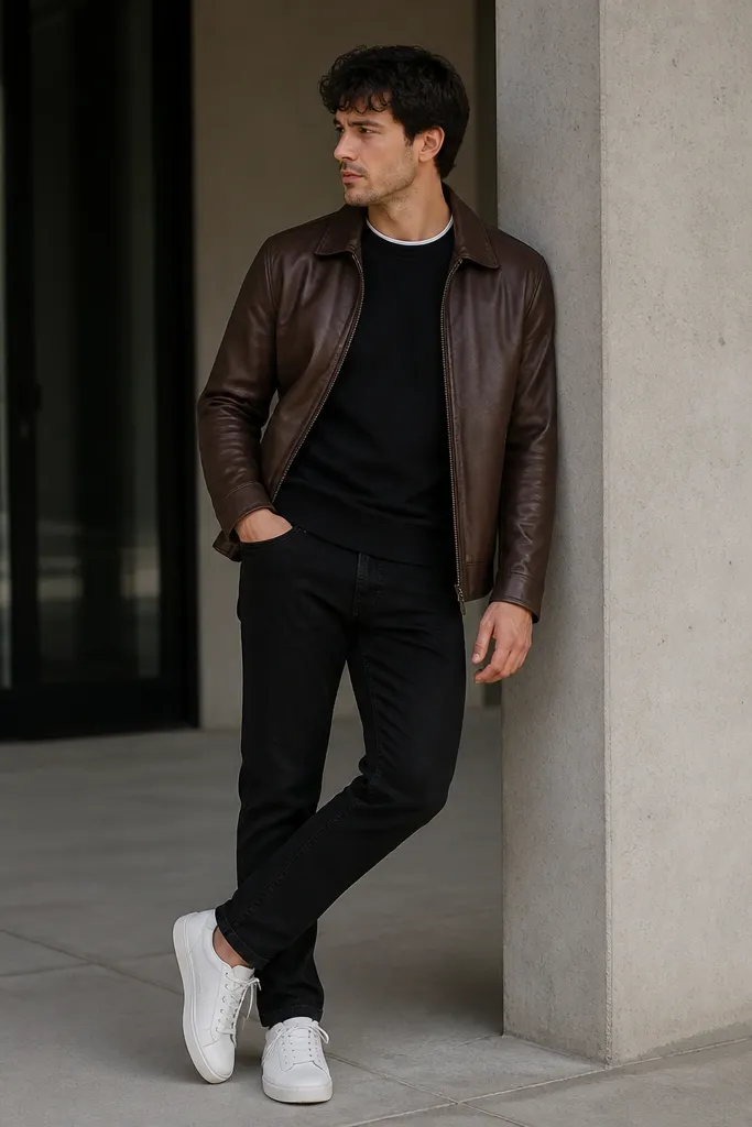 A black crewneck tee with a thin white undershirt peeking at the collar. A brown leather jacket is worn open, paired with black jeans and white sneakers.