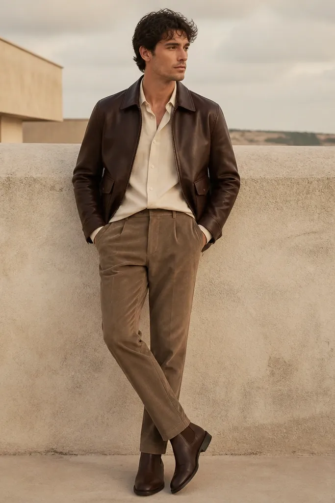 A cream overshirt layered under a brown leather jacket. The pants are suede in muted brown or tan, styled with minimalist boots.