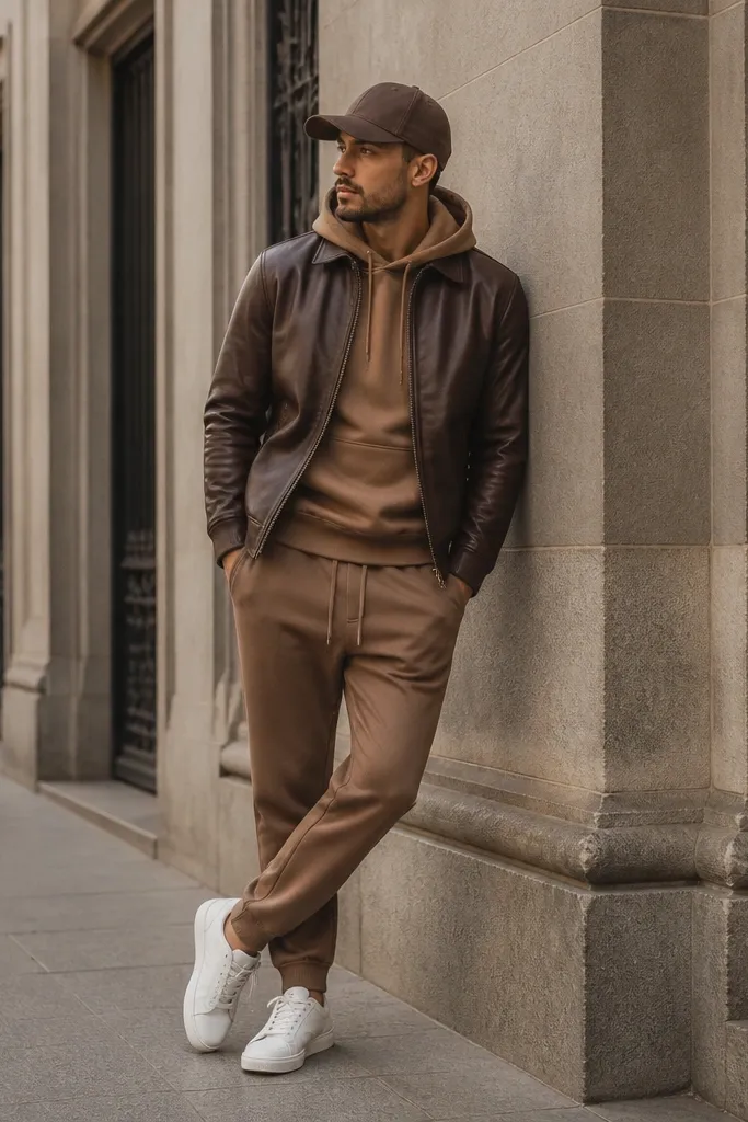 A tonal brown look: a lighter brown hoodie or sweatshirt under a brown leather jacket, paired with matching brown joggers or track pants. White trainers and a cap finish it.