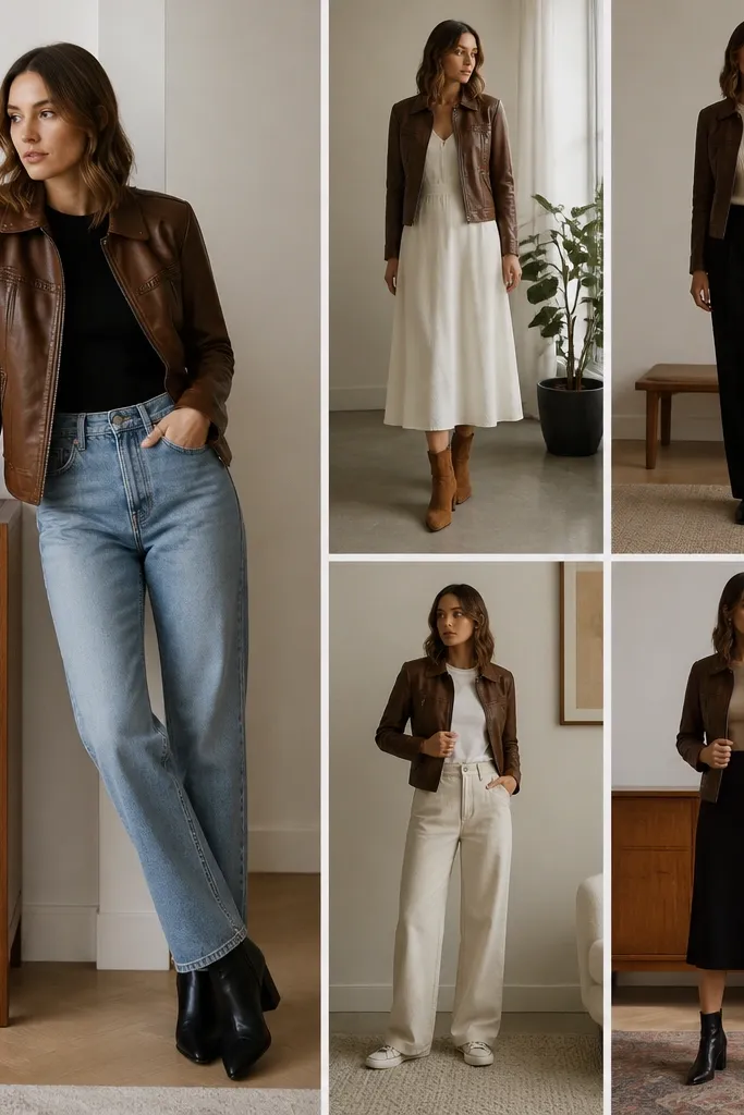 Removable Brown Leather Jacket Outfit Ideas for Renters
