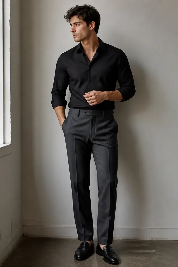 A black fitted button-up worn with straight-leg charcoal trousers and black leather loafers; sleeves are rolled to mid-forearm, with a simple silver ring.