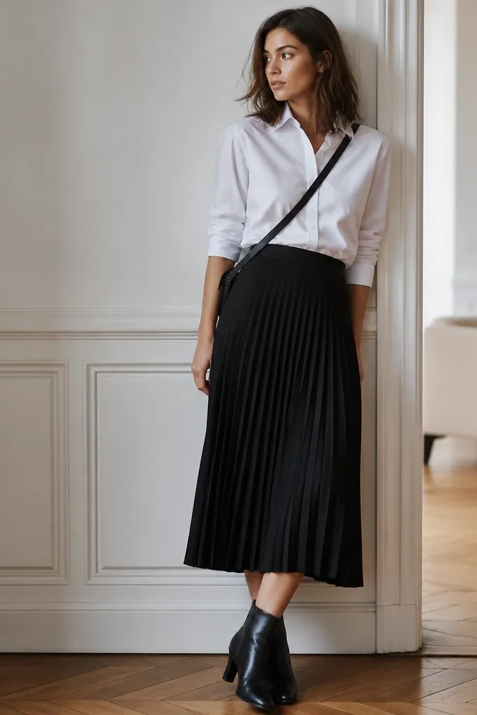 A fitted white button-up with sleeves rolled, tucked into a black pleated midi skirt; styled with heeled ankle boots and a crossbody strap across the chest.