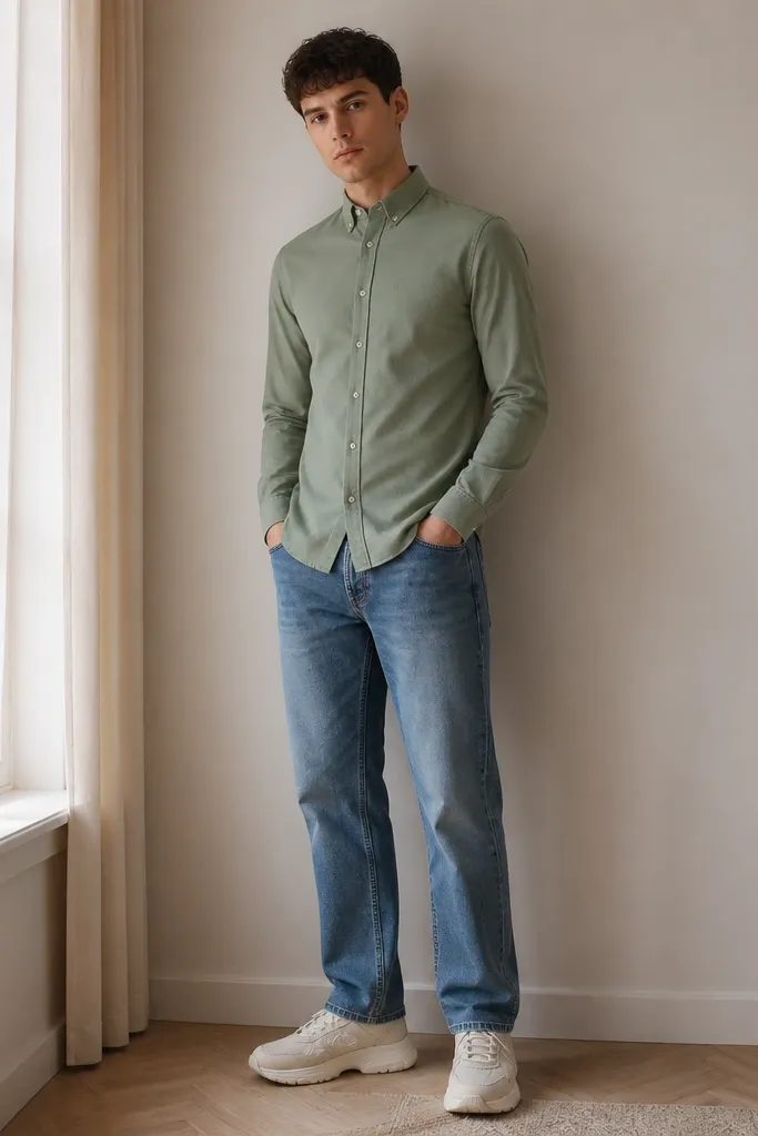 A sage green fitted button-up worn with straight-leg medium-wash jeans and chunky off-white sneakers; the shirt is fully buttoned with the collar neatly set.