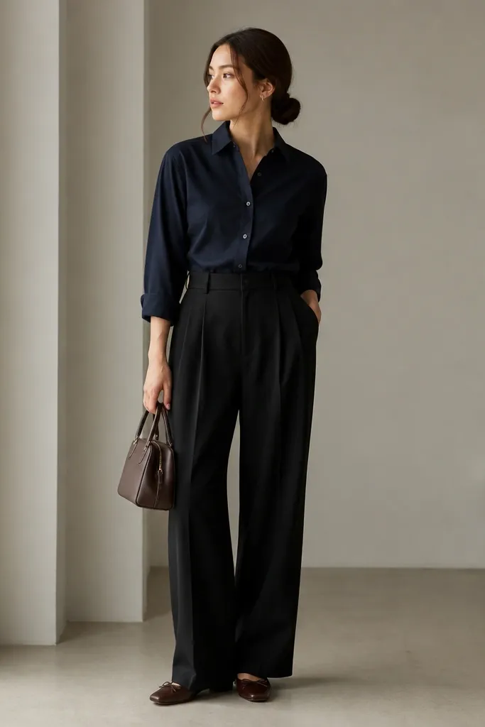 A fitted navy button-up tucked into black pleated wide-leg trousers; dress flats in dark brown and a structured small handbag.