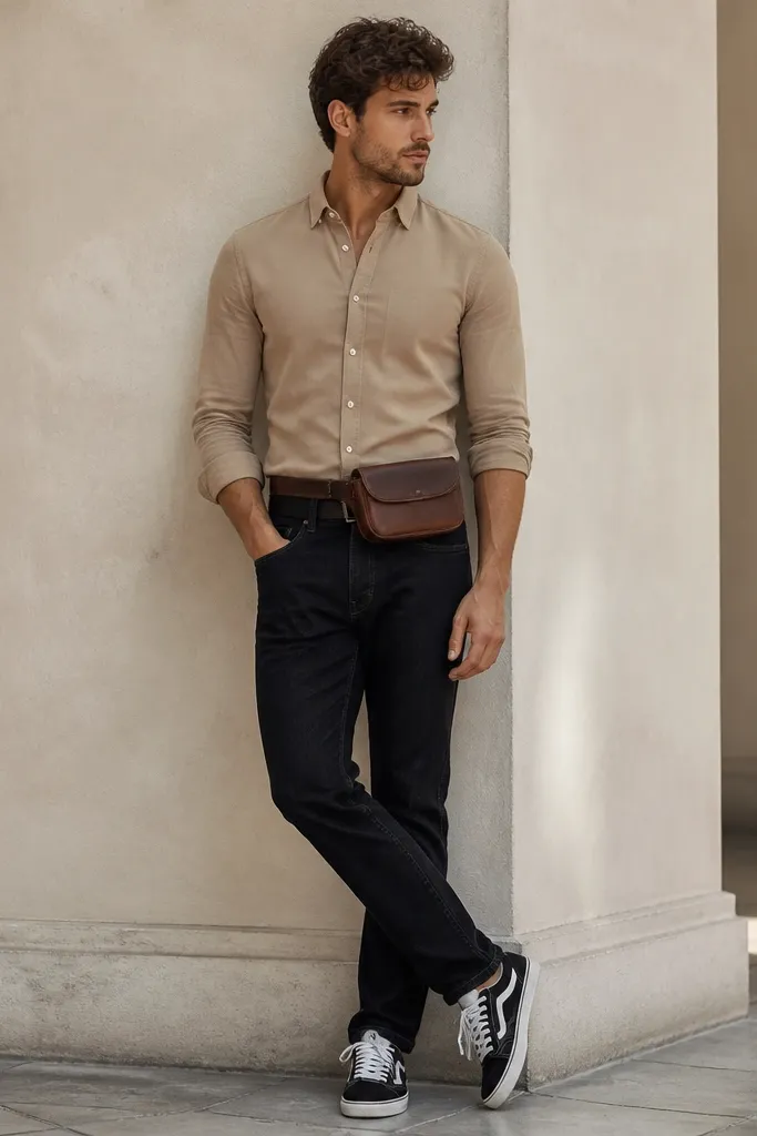 A tan fitted button-up tucked into dark jeans; a brown leather belt bag worn at the waist; sneakers in black-and-white.