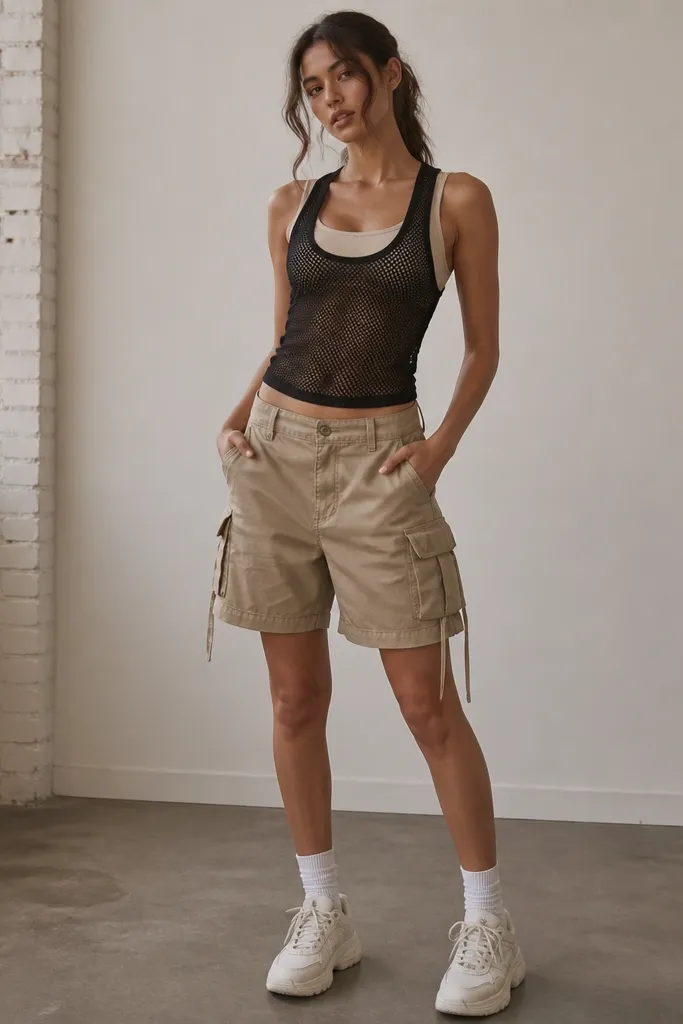 A fitted black mesh racer tank layered over a seamless nude base top, with tan cargo shorts and chunky white sneakers. The outfit shows breathable texture and a sporty Y2K silhouette.