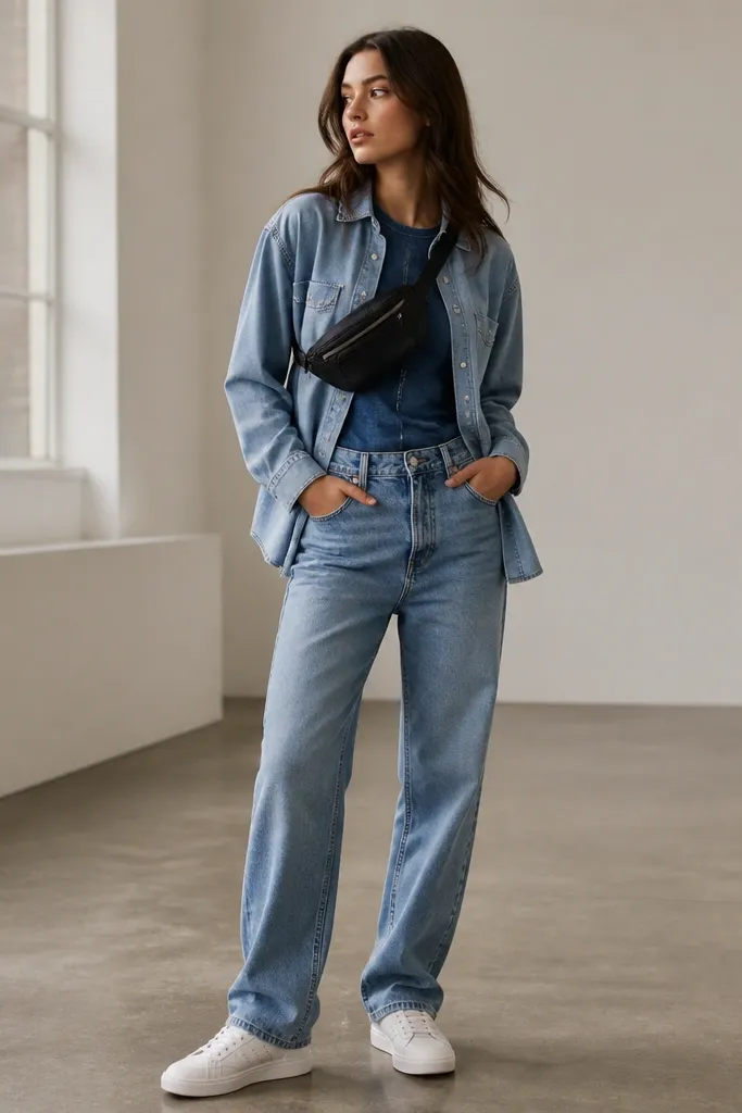 A light blue denim button-up worn over a darker blue denim tee, styled with a small black belt bag worn across the chest and straight-leg jeans. White sneakers complete the clean Y2K look.
