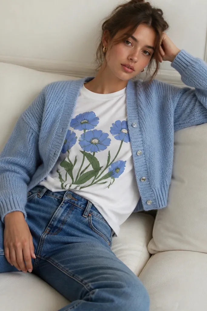 A cropped knit cardigan in baby blue layered over a bold white graphic tee, paired with medium-wash straight jeans. The model’s outfit looks soft, nostalgic, and coordinated.