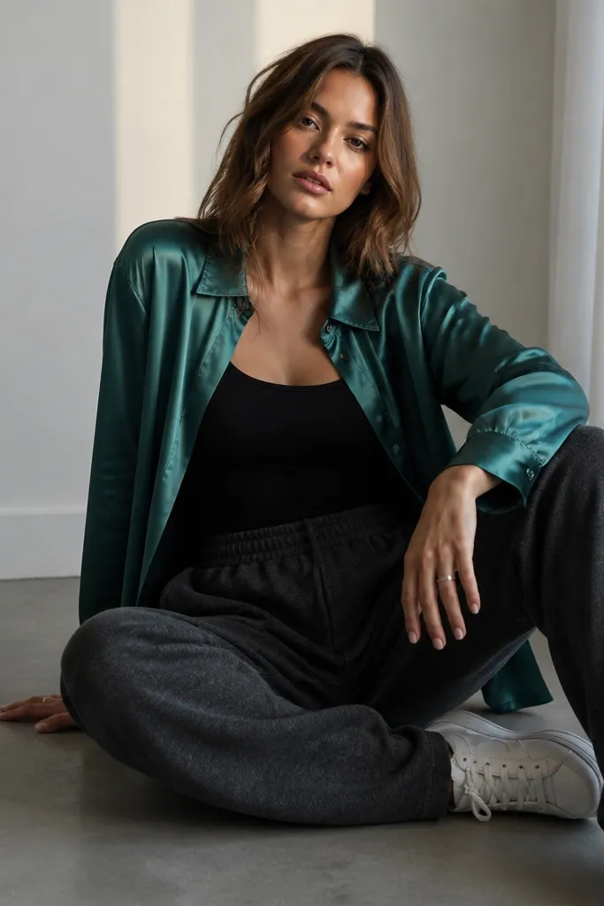 A silky satin button-up in deep teal worn open over a fitted black top, paired with relaxed charcoal sweatpants and white sneakers. Light reflects off the satin collar and cuffs.