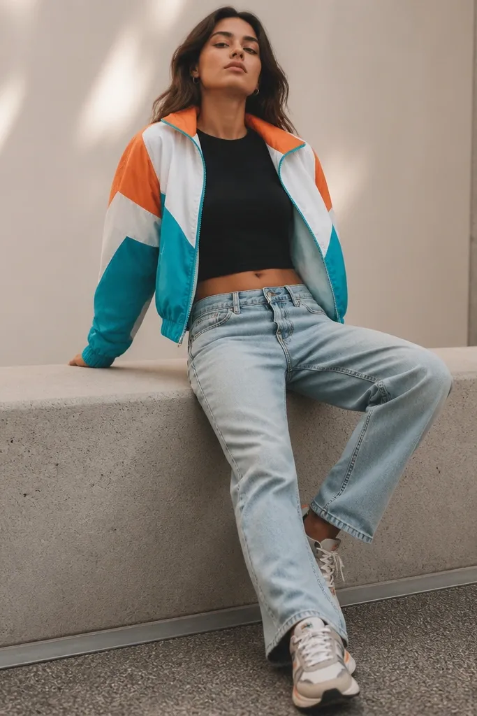 A color-block windbreaker with bright accents (orange, teal, and white) worn over a fitted black tee, paired with slightly low-rise light-wash jeans. The model wears chunky sneakers.