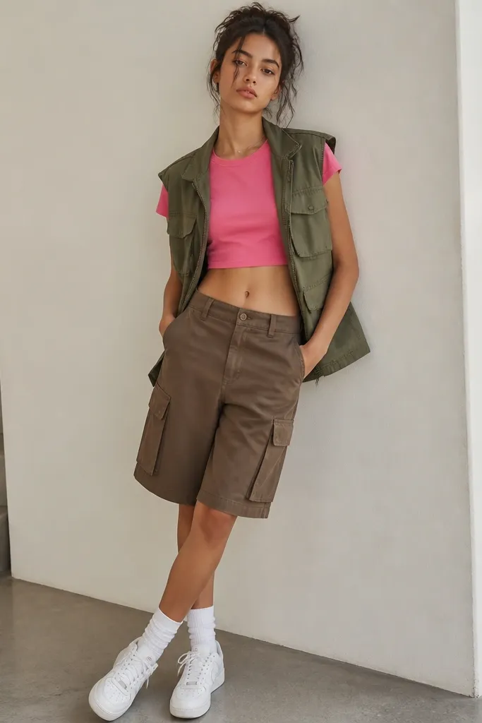 A cropped baby tee in hot pink layered under a slightly oversized utility vest, paired with longer cargo-style shorts that hit mid-thigh. The outfit has white socks and low-top sneakers.