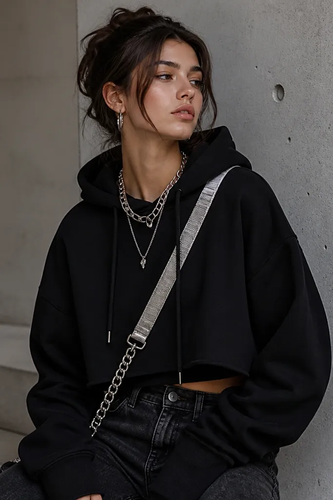A black hoodie with a cropped outer layer feel, styled with a layered chain necklace set (clip-on or clasped) and a silver-toned crossbody strap. The model wears dark jeans and silver hoop-like accessories.