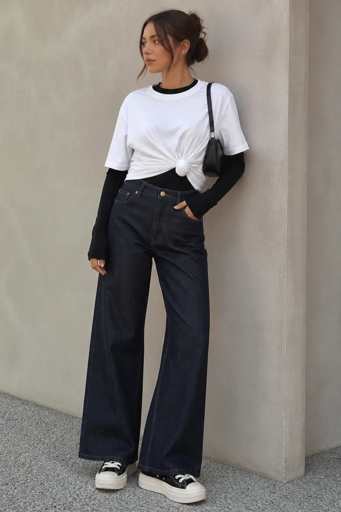 A white tee tied at the front over a black long-sleeve, paired with wide-leg dark denim. The model wears platform-style sneakers and a small shoulder bag.