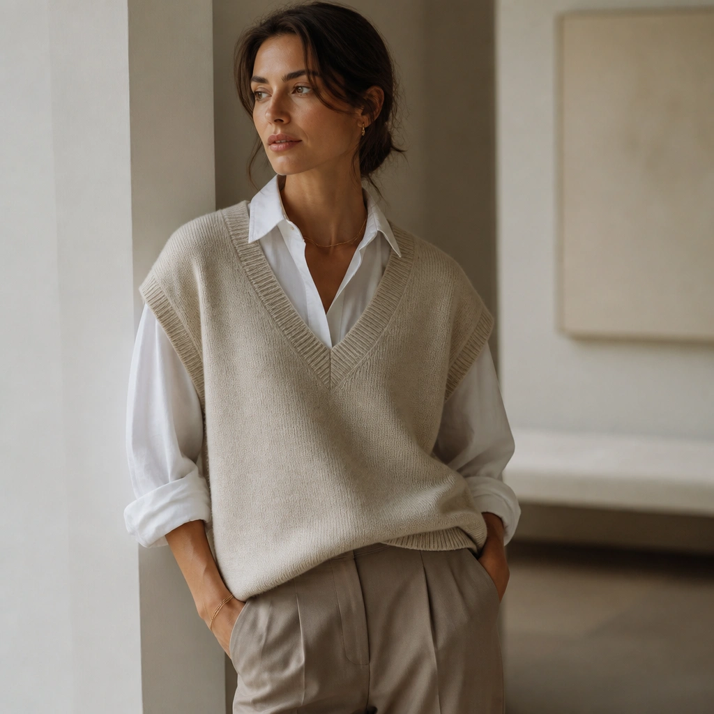 A person in an oatmeal oversized sweater vest layered over a crisp white oxford button-down, with sleeves slightly rolled and trousers in a taupe/stone tone; minimal gold jewelry is visible.
