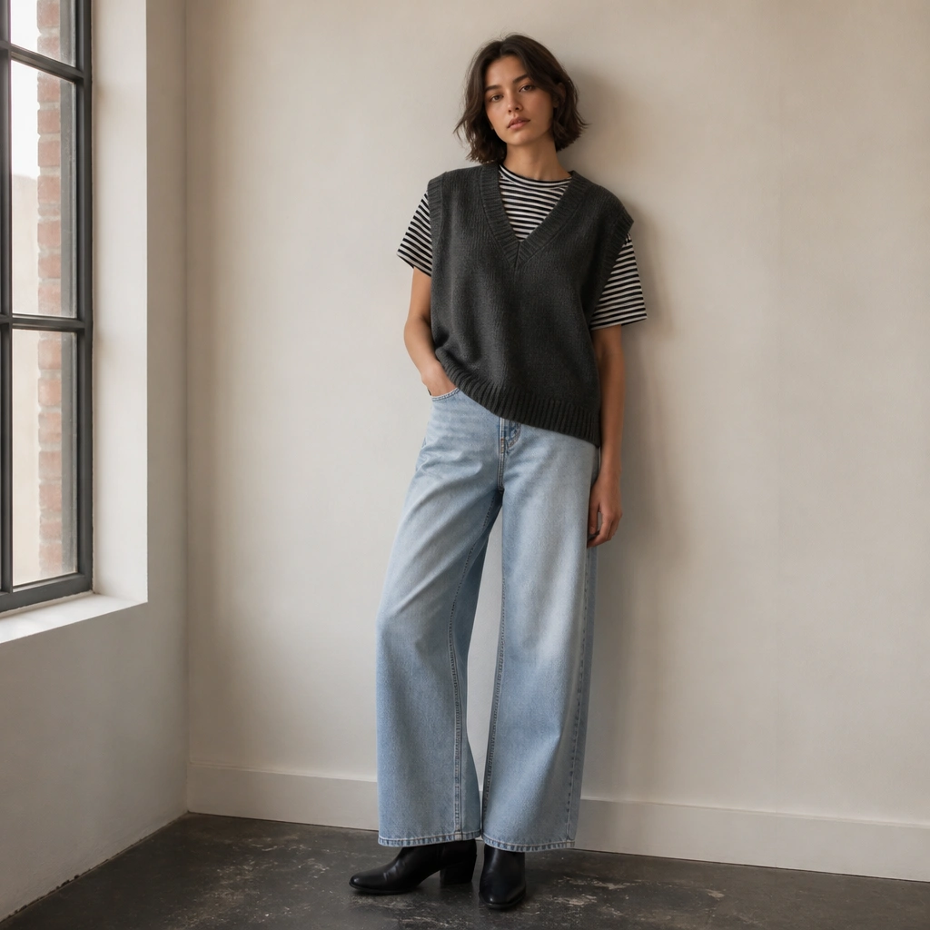 An outfit featuring a charcoal oversized sweater vest over a black-and-white striped short-sleeve tee, paired with light-wash wide-leg denim and black ankle boots.