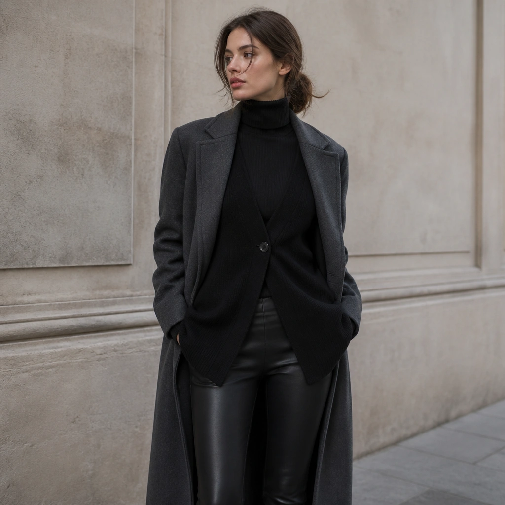 A person wearing an oversized black sweater vest over a fitted ribbed turtleneck, with black leather-look leggings and a long coat in dark gray; the vest is slightly open at the front.
