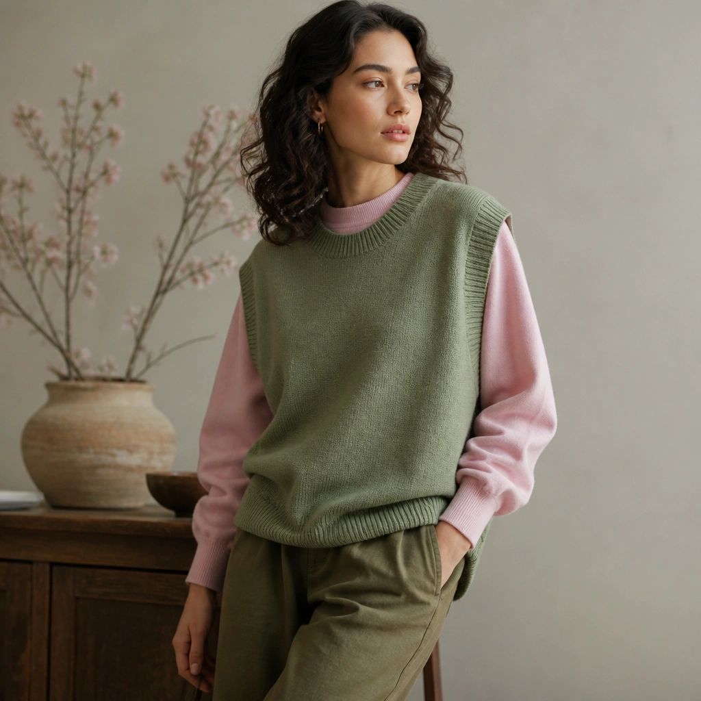 A layered look: sage green oversized sweater vest over a lighter pink crewneck sweater, paired with olive chinos; the inner sweater collar peeks out at the neckline.