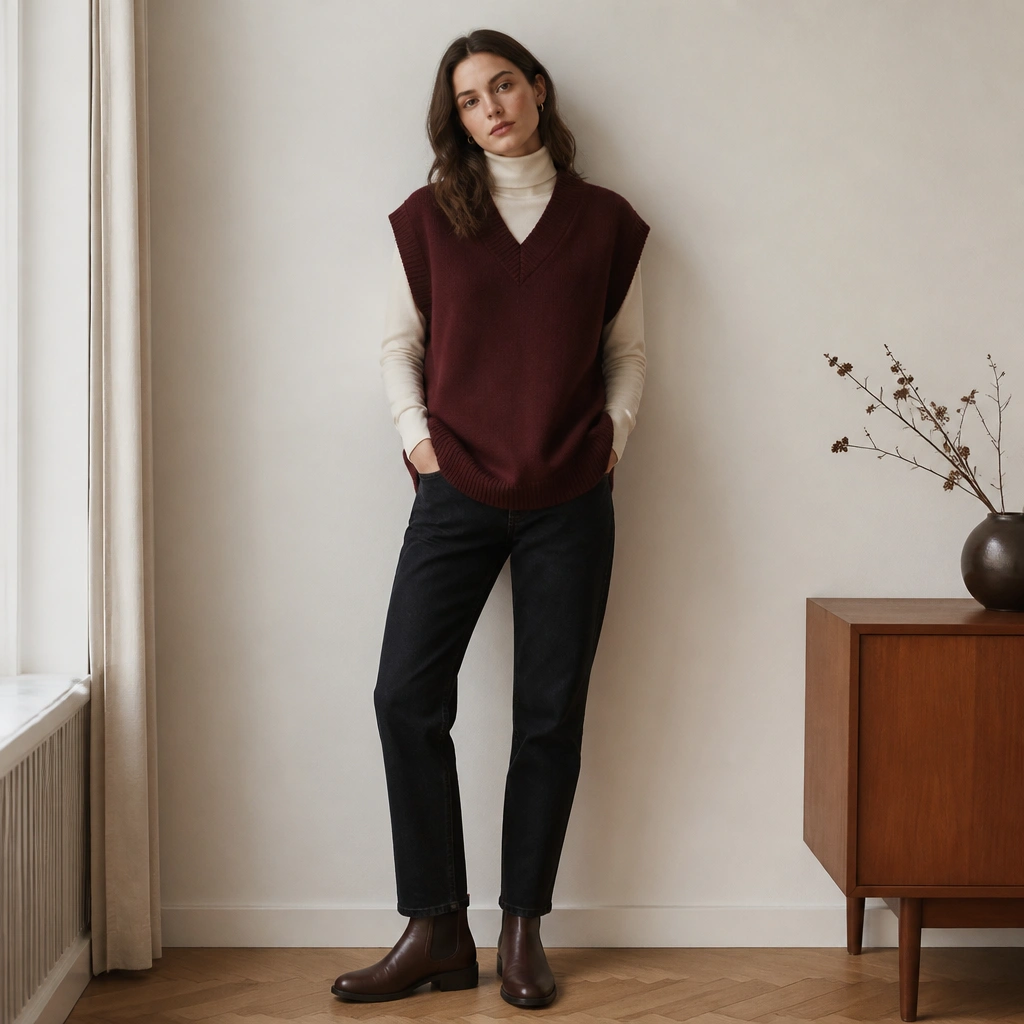 A burgundy oversized sweater vest layered over a cream turtleneck, paired with dark straight jeans and brown Chelsea boots; the vest hem falls near mid-hip.