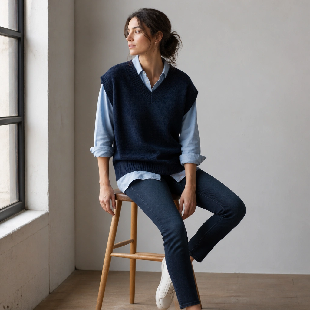 A navy oversized sweater vest over a light chambray button-up shirt, with the shirt collar visible and sleeves rolled; the outfit is finished with white sneakers and slim dark jeans.