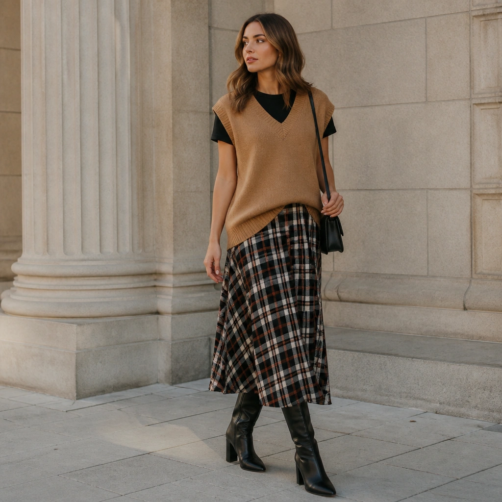 A camel oversized sweater vest over a fitted black tee, paired with a plaid midi skirt in black, cream, and rust; the person wears tall boots and a small shoulder bag.