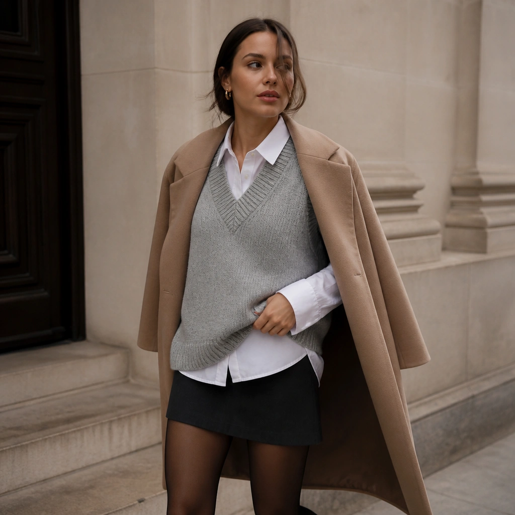 A light gray oversized sweater vest over a white poplin shirt with a visible collar, styled with a dark mini skirt and sheer black tights; the outfit includes a structured coat in camel.