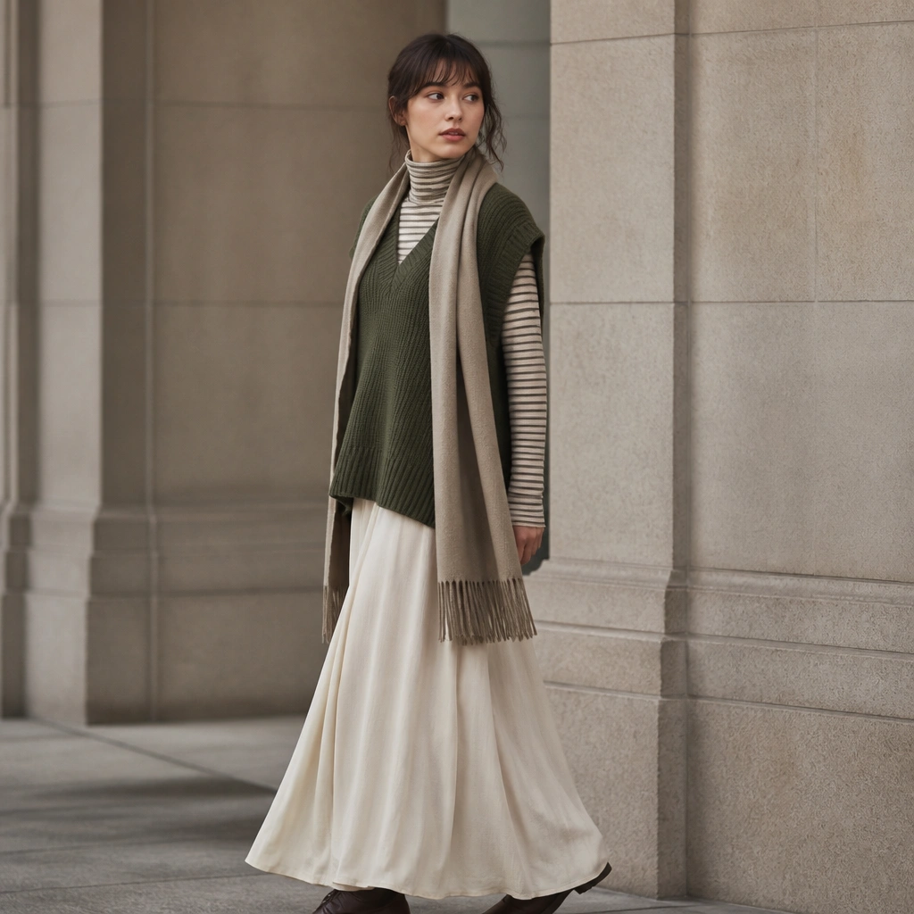 An outfit with an olive oversized sweater vest over a fitted striped turtleneck, paired with a flowing maxi skirt; the person adds a longline scarf in neutral tones.