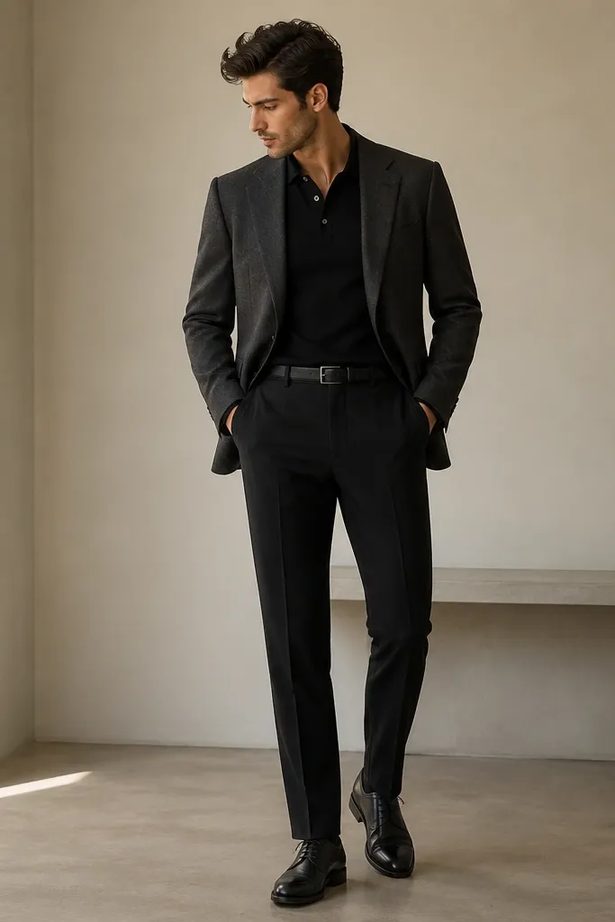A charcoal blazer with visible subtle texture over a black knit polo. Slim black trousers sit neatly at the waist, with black leather derby shoes and a minimal belt.