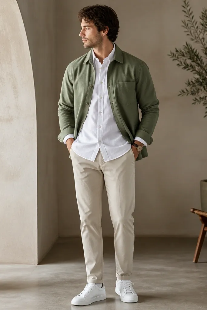A sage green overshirt layered over a crisp white Oxford shirt. Stone beige tapered pants and clean white sneakers are shown, with a thin leather strap watch.