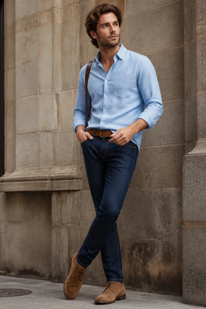 Light blue twill shirt worn half-tucked with dark wash jeans. Camel suede chukka boots and a brown suede belt are visible, with a slim crossbody strap in the background.