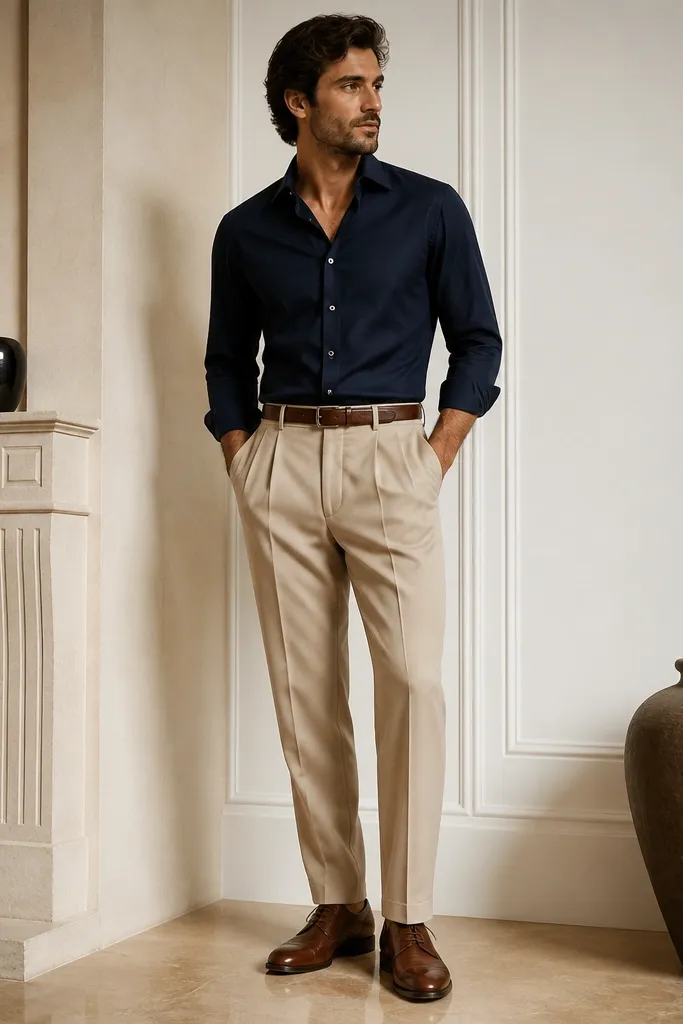 A deep navy, slightly glossy silk-touch button-up worn with beige pleated trousers. Brown leather belt and polished brown leather lace-up shoes complete the look.