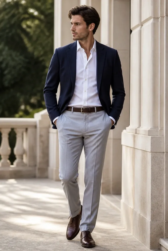 A navy summer blazer over a crisp white poplin shirt, paired with light gray suit pants. The shoes are dark brown oxfords with a matching belt.