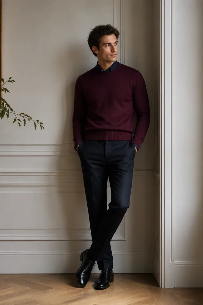 A burgundy crewneck sweater layered over a navy dress shirt with the collar peeking out. Dark tailored trousers and black leather dress shoes are shown.