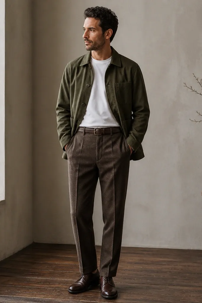 An olive chore jacket over a plain white tee, tucked into brown wool trousers. Brown leather lace-ups and a simple belt are visible.