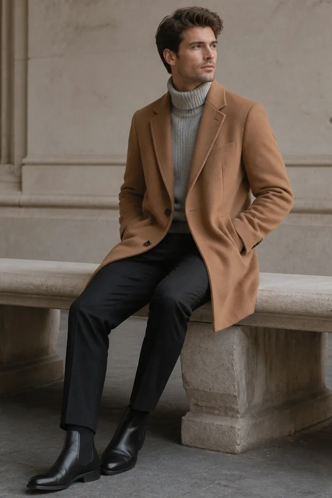 A light gray ribbed turtleneck under a camel overcoat. Black tailored trousers and black leather boots are shown, with the collar neatly folded.