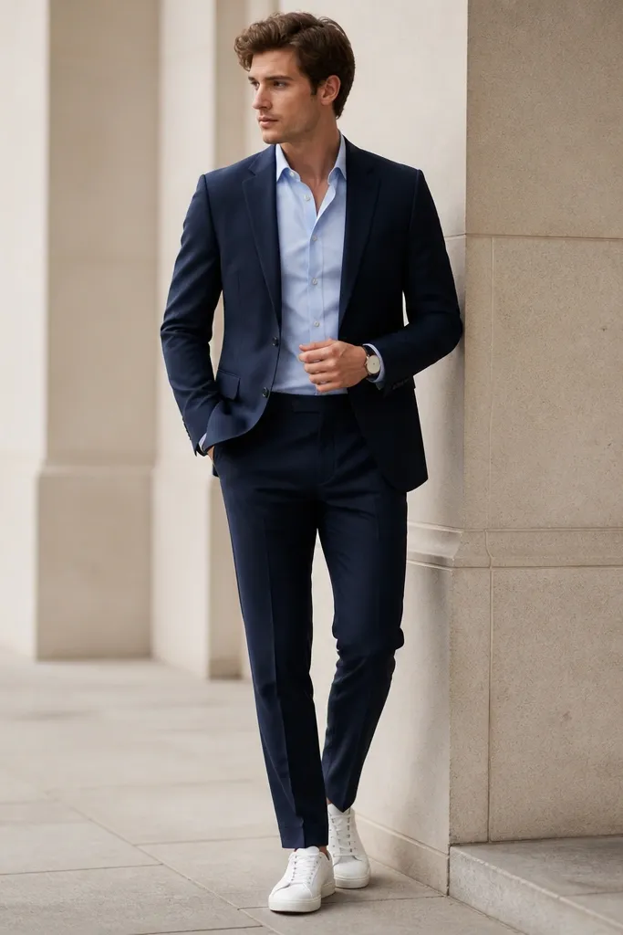 A navy blazer with matching navy trousers worn with a powder blue oxford shirt. The shoes are clean white leather sneakers, and the outfit is styled with a minimal watch.