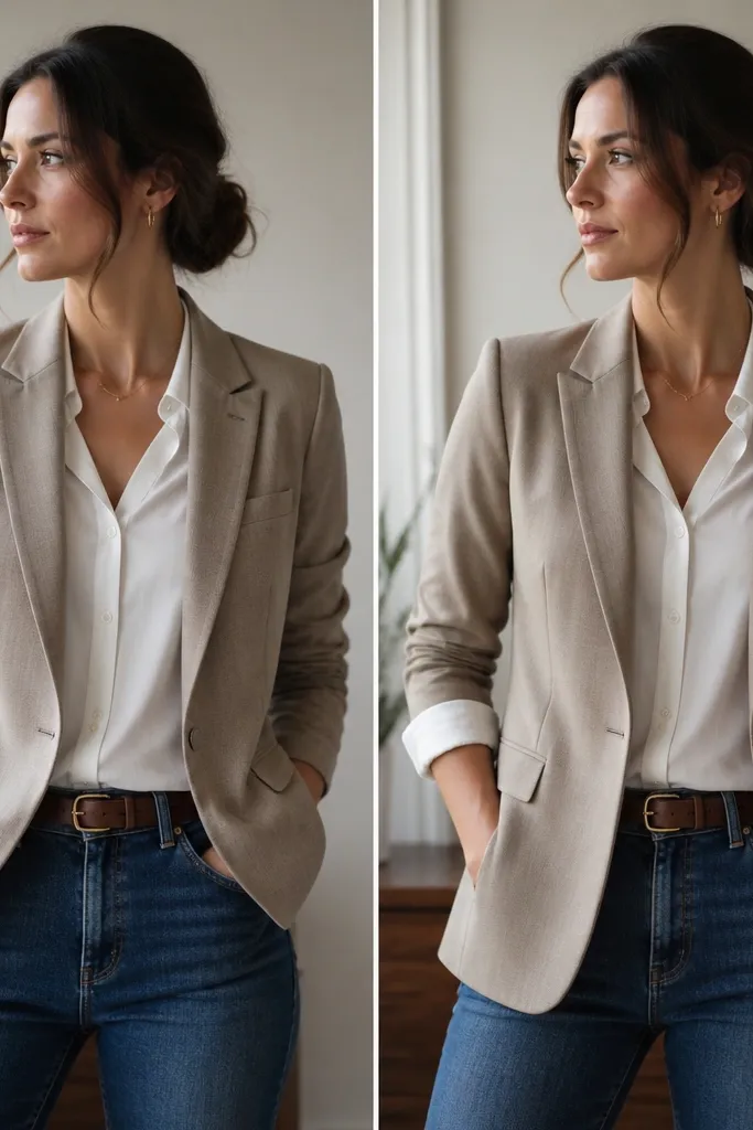 Two outfit photos: the before blazer has visible wrinkles at the elbows and a messy lapel, while the after blazer shows pressed lapels and a neat sleeve roll with the cuff peeking out evenly.