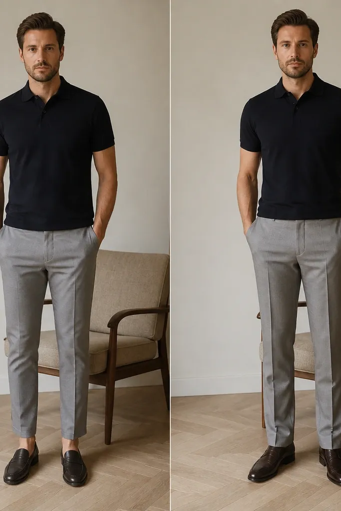 Full-body photos: the before pants are slim and end with no visible break, while the after pants are tailored with a slight break at the shoe and a smoother leg from thigh to hem.