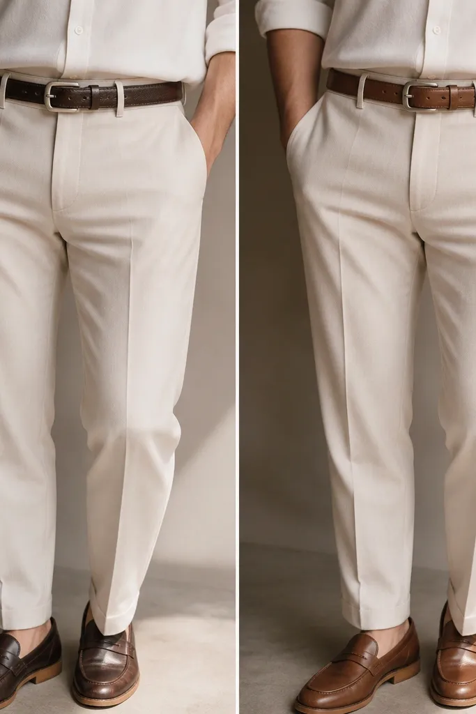 Close-up of waist area: the before shows a dark brown belt with lighter shoes, while the after shows the belt and shoes in the same tone with matching sheen and width.