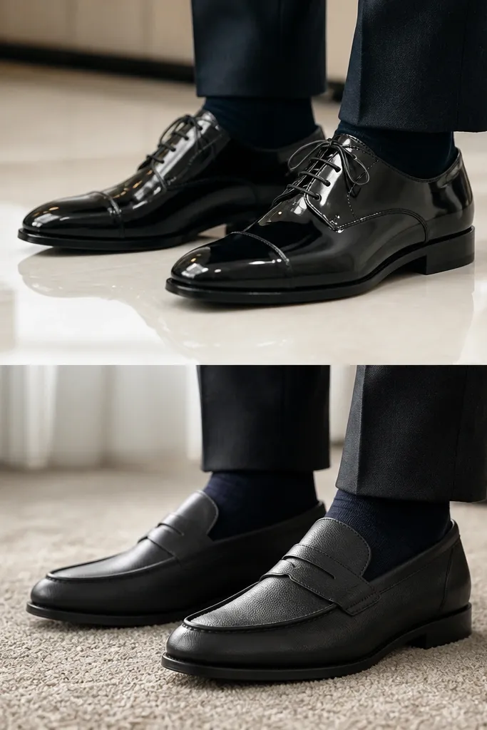 Foot-level photos: before shoes have a glossy, mirror-like finish, after shoes are matte leather loafers with subtle grain and clean edges.
